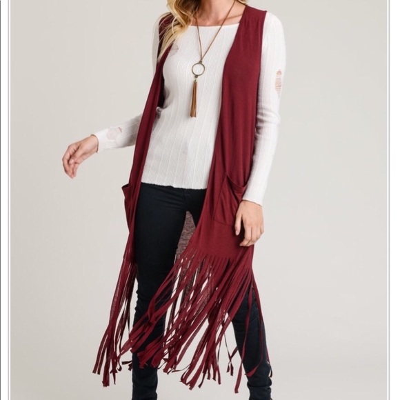 Burgundy Red Long Fringe Boho Vest Duster Last 1 ! - Picture 3 of 4